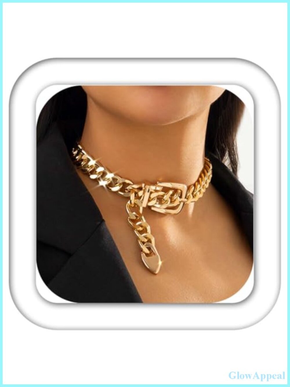 CLOACE Chunky Cuban Chain Choker Necklace with Gold Belt Buckle Clasp